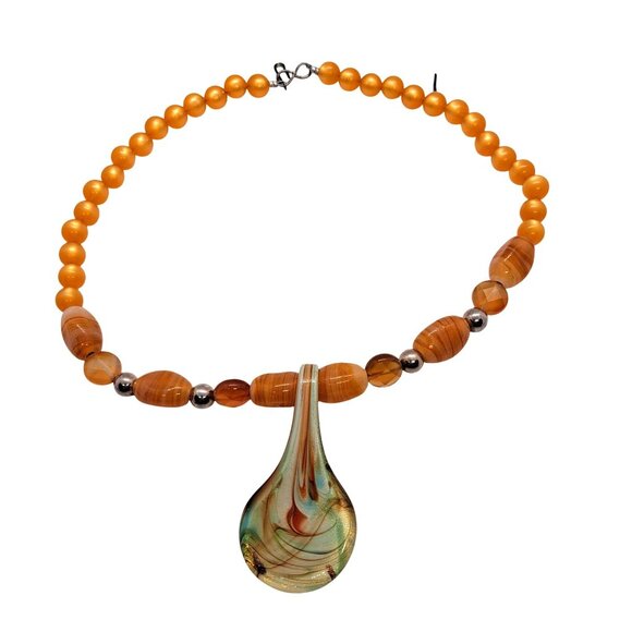 Orange moonglow necklace art glass beads and pendant hook clasp